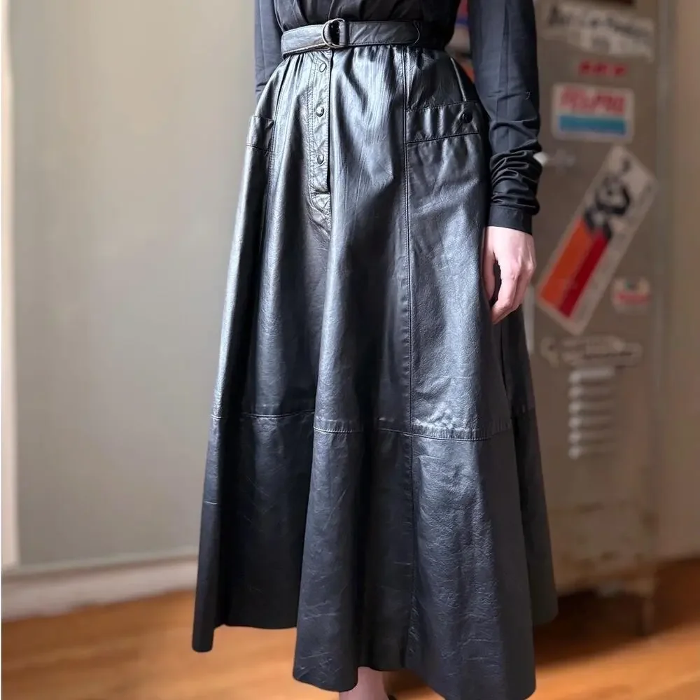 Vintage 70s Saks Fifth Avenue Leather Maxi Skirt | XS 25" - Picture 1 of 8